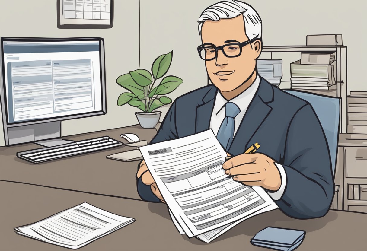 A customer fills out a loan application form at Crawford Lane licensed money lender. The staff member reviews the documents and discusses terms with the customer