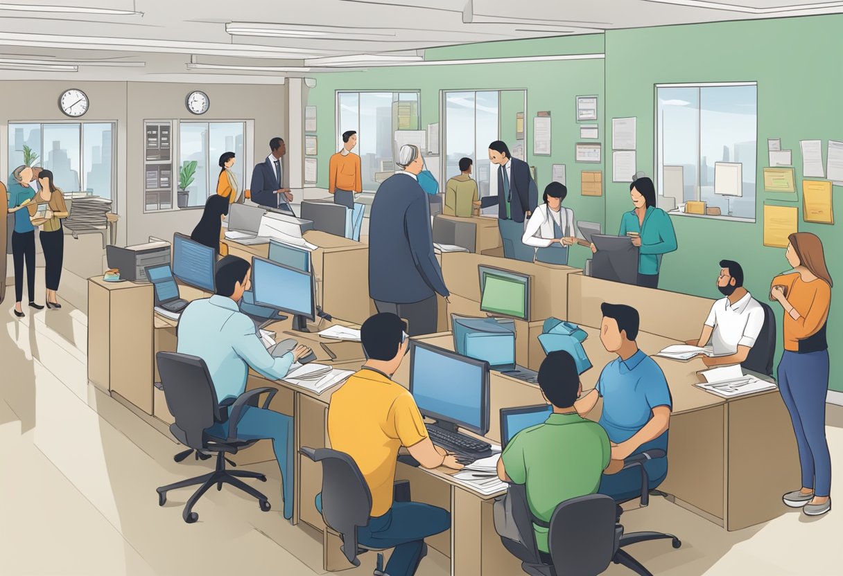 A bustling office with a "Frequently Asked Questions" sign, people waiting, and a licensed money lender assisting a customer in Clementi