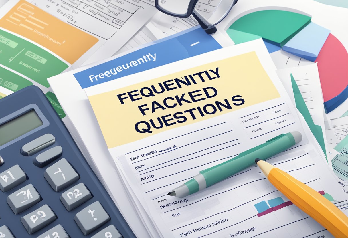 A stack of paper with "Frequently Asked Questions" printed on top, surrounded by financial documents and a calculator