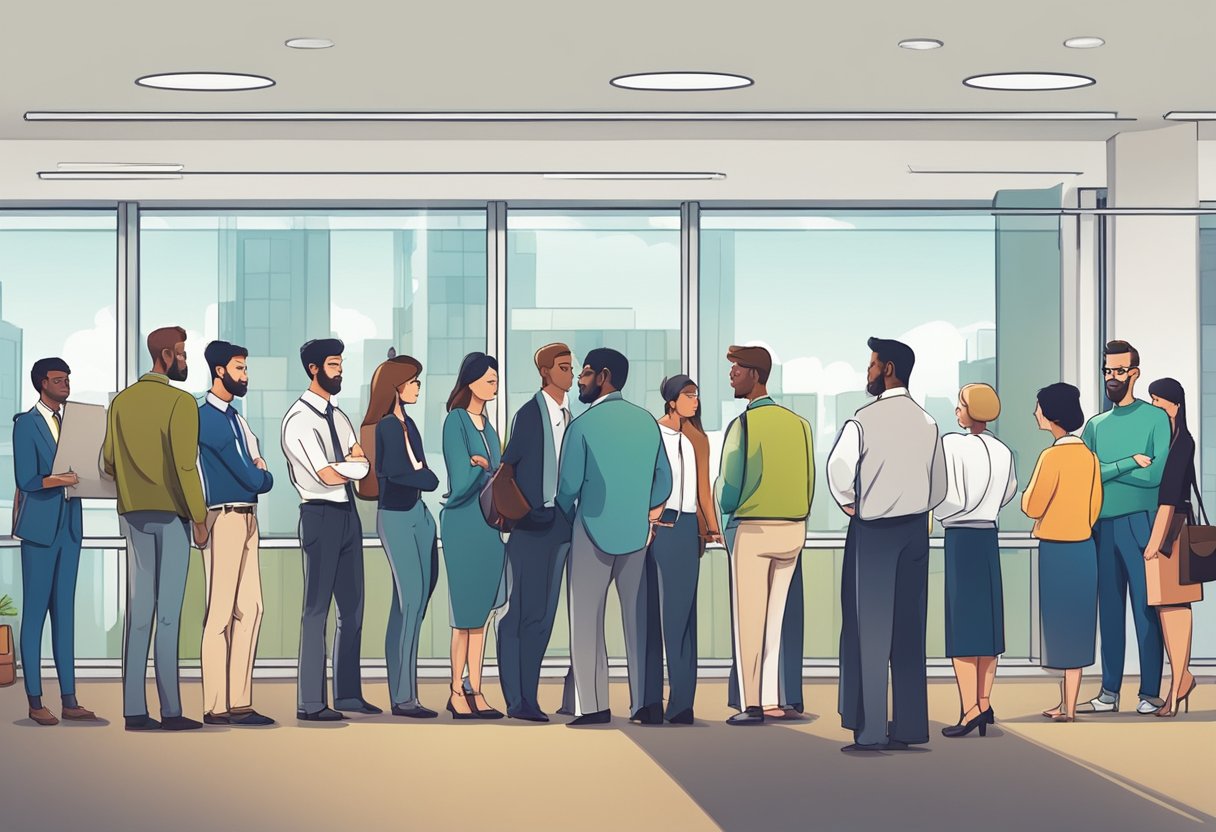 A group of individuals standing in line, waiting to speak with long term money lenders at a small, busy office