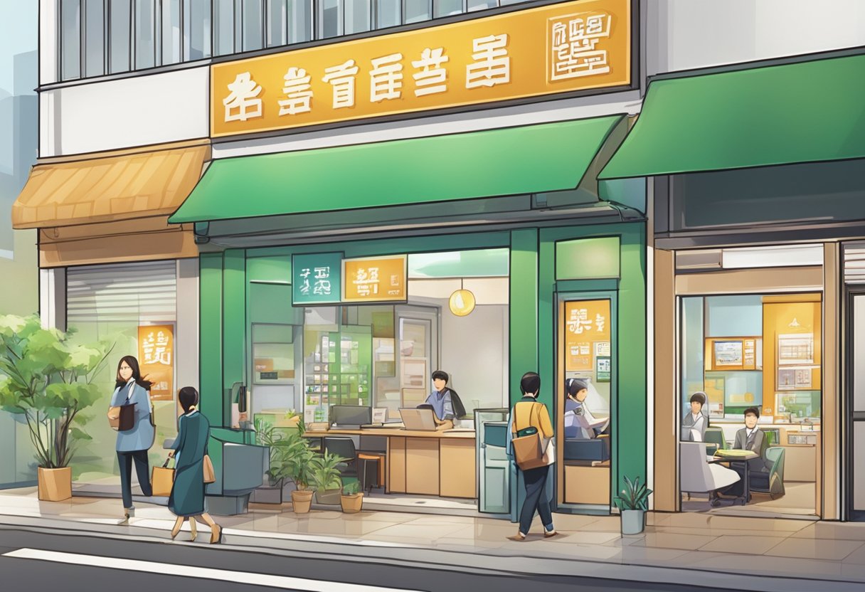 A licensed money lender's office in Lucky Plaza, bustling with customers and adorned with signage promoting loan services