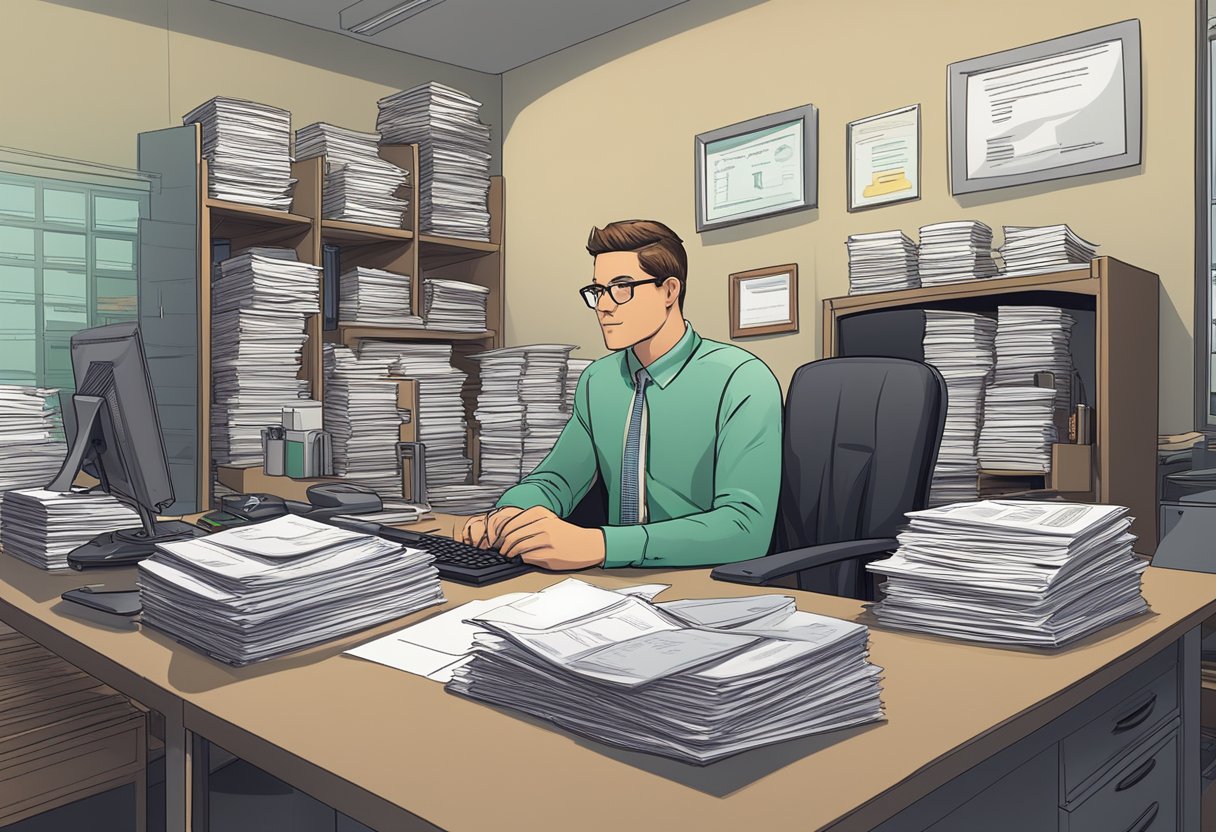 A licensed money lender sits at a desk, surrounded by stacks of paperwork and a computer. A sign on the wall reads "Frequently Asked Questions."