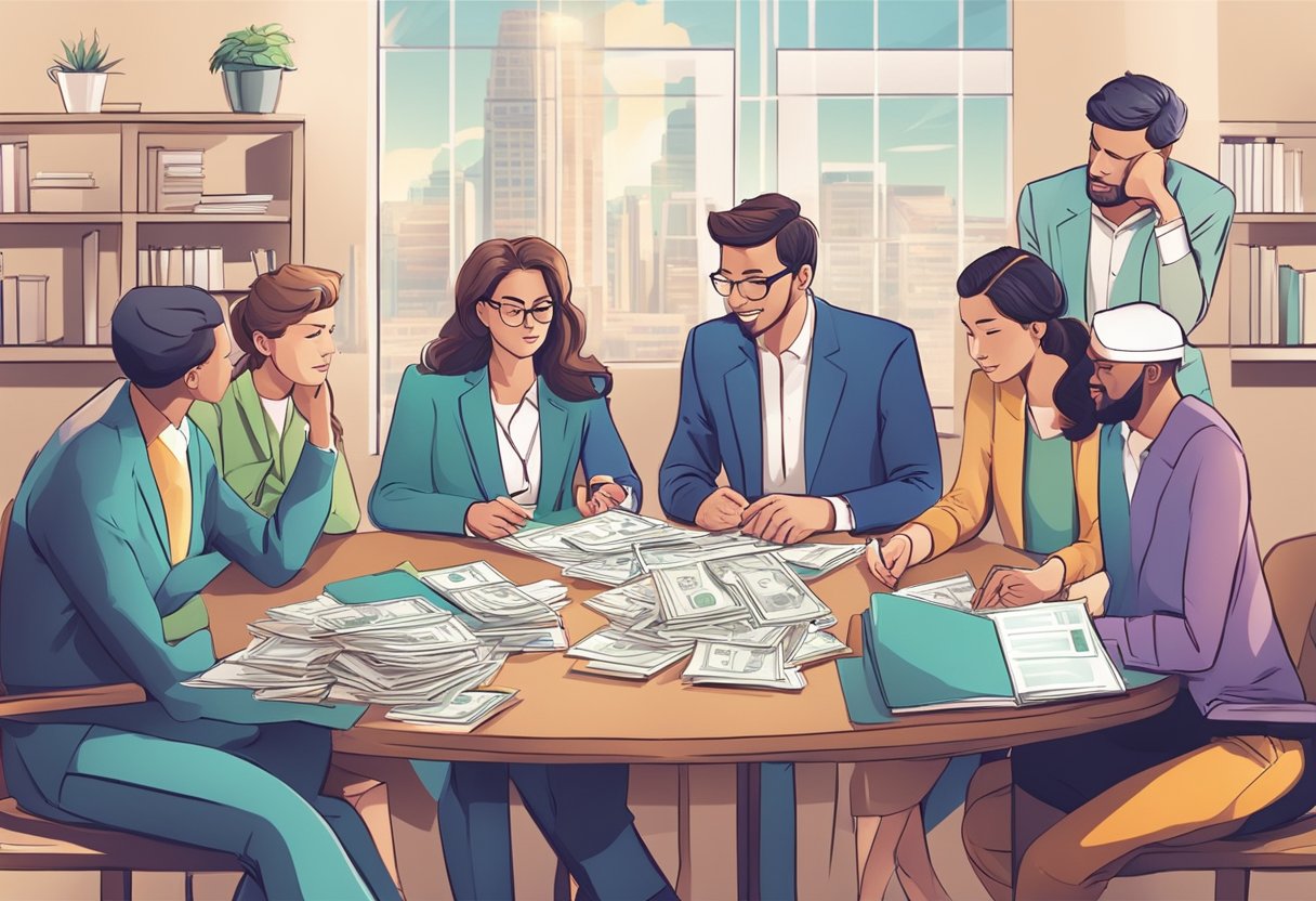 A group of people discussing financial terms and signing documents with a stack of money and a calendar in the background