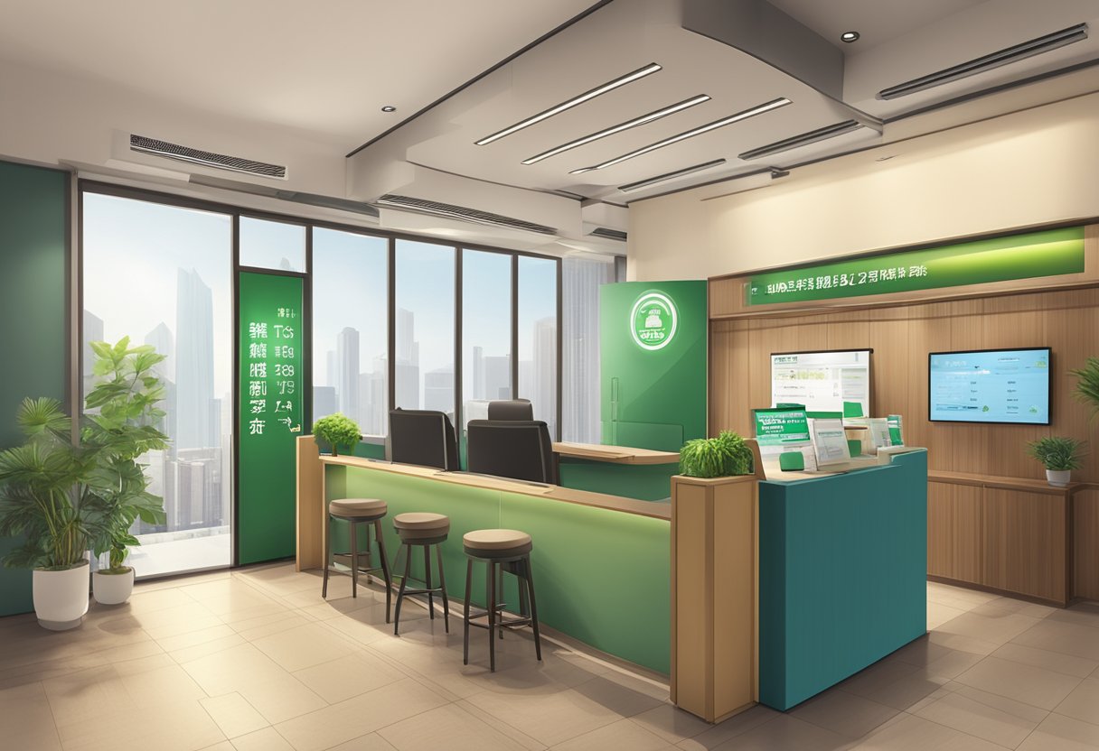A licensed money lender's office in Lucky Plaza, with a sign displaying their accreditation, a counter for customer transactions, and a waiting area for clients