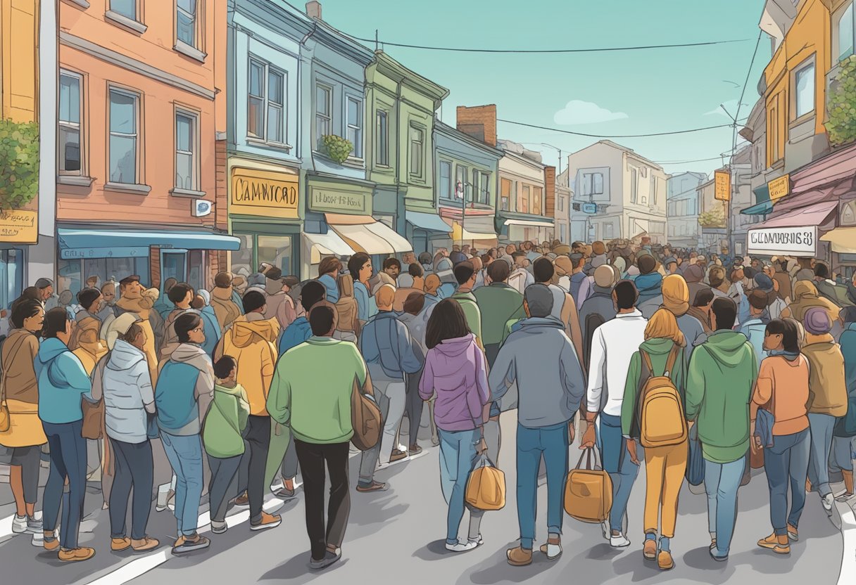 A crowded street in Crawford Lane with a prominent sign for a licensed money lender, surrounded by people seeking financial assistance