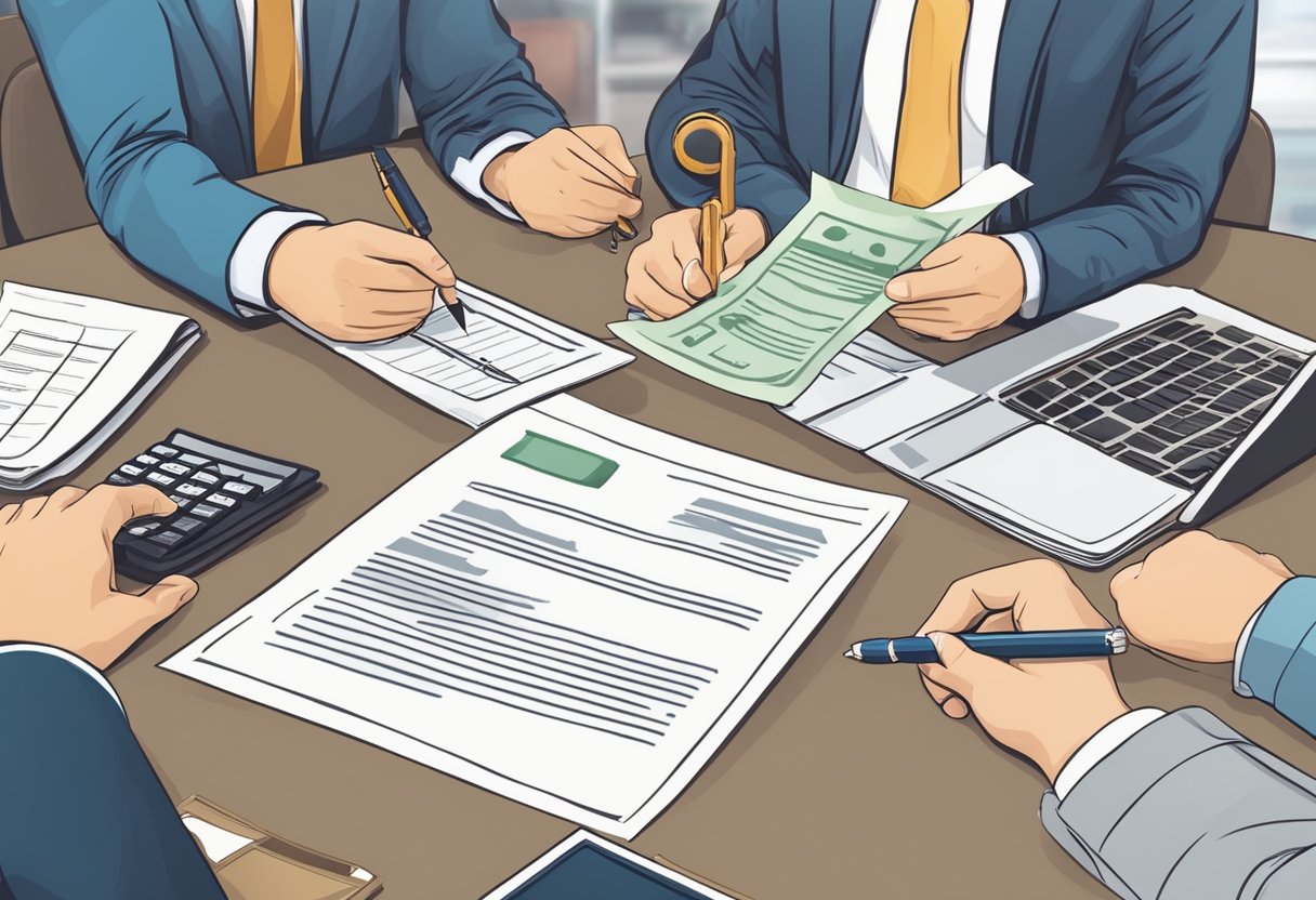 A person signing a loan agreement with a long-term money lender, discussing repayment terms
