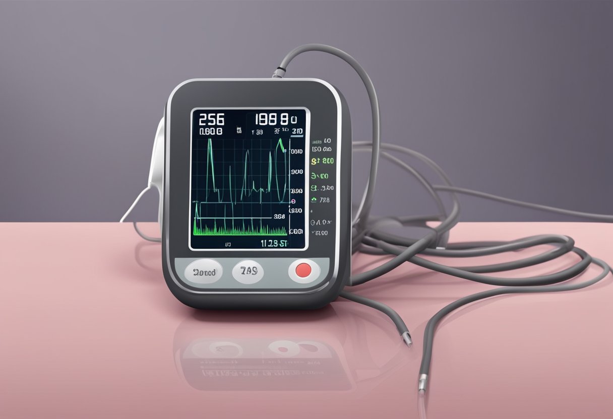 Blood pressure spikes during a heart attack. Illustrate a blood pressure monitor with high readings and a distressed atmosphere