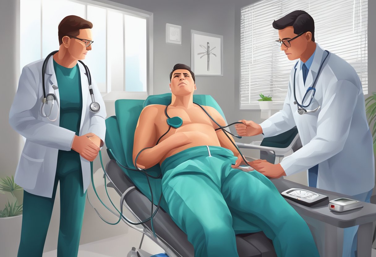 Medical responders treat a heart attack. Blood pressure is high
