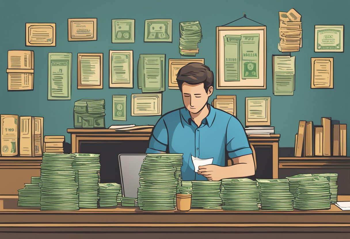 A person sits at a desk, comparing different money lenders' offers. A sign on the wall reads "Choosing the Right Money Lender."