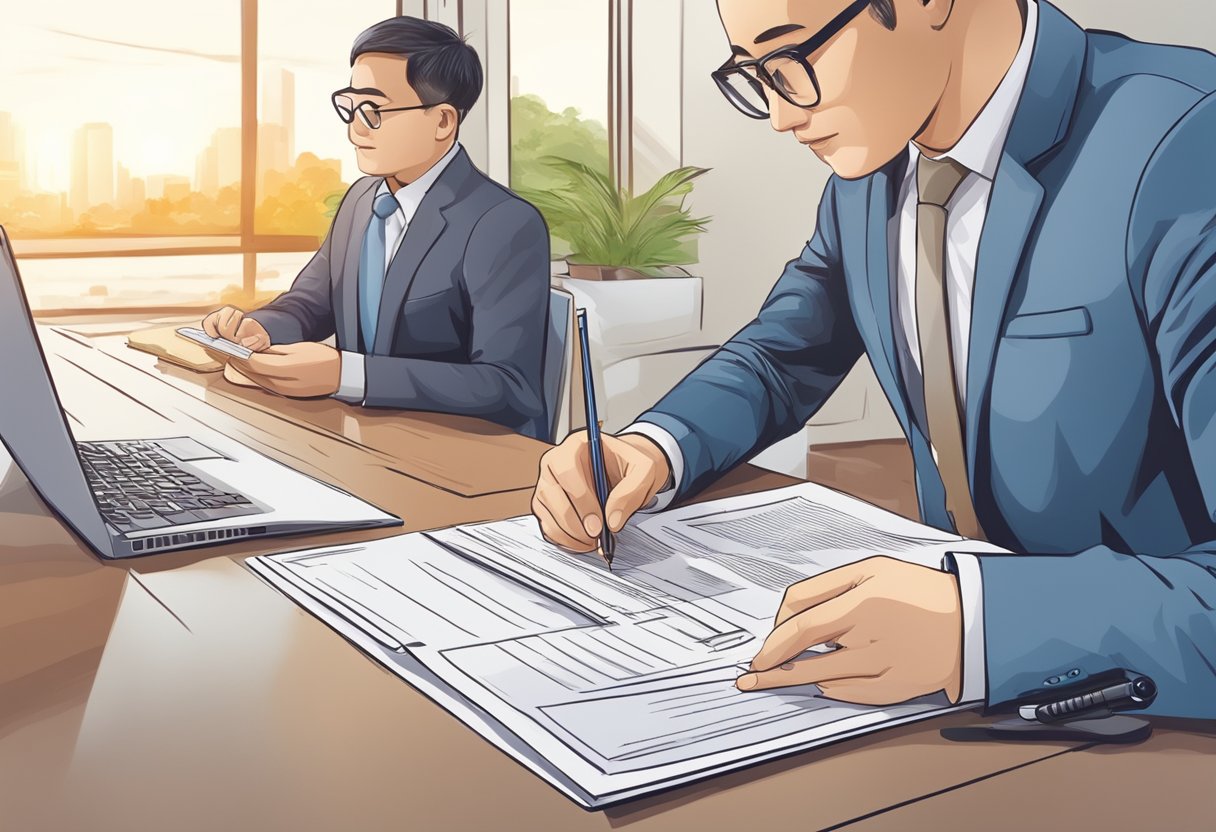 A person signs loan consolidation paperwork with a money lender in Singapore