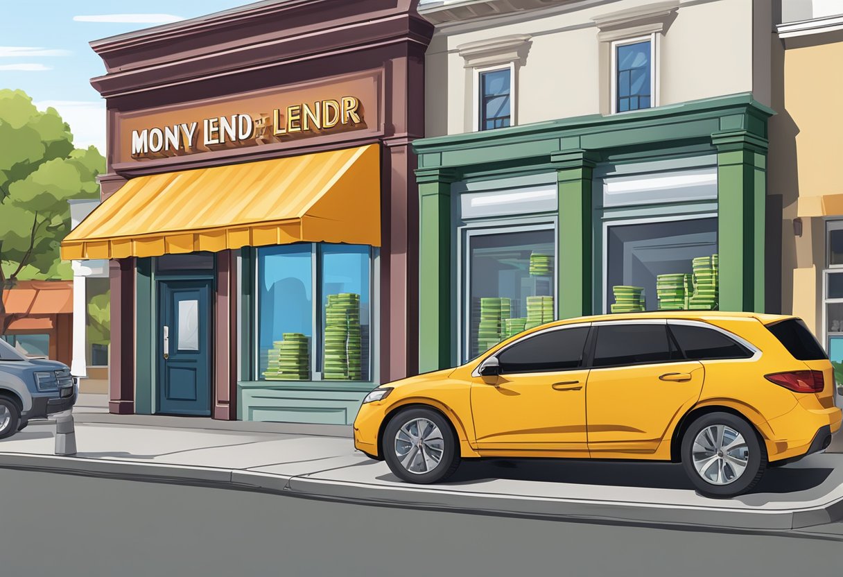 A sign for a licensed money lender in the western part of town, with bold letters and a professional-looking storefront