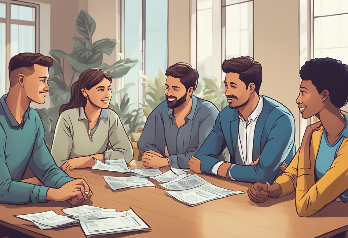 A group of people gathered around a table, discussing and asking questions about long term money lending. A banner with "Frequently Asked Questions" is displayed prominently
