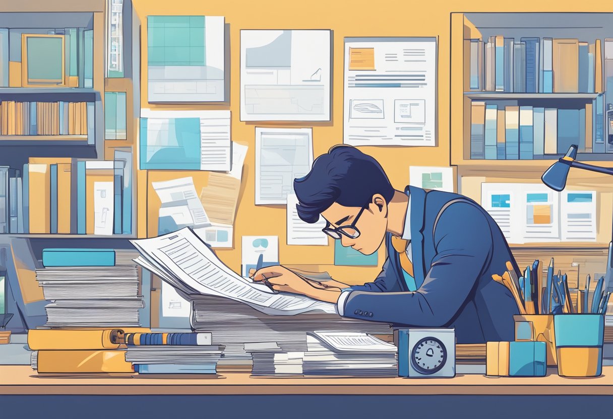 A person sits at a desk, surrounded by paperwork and a calculator. They are researching loan consolidation options from a money lender in Singapore