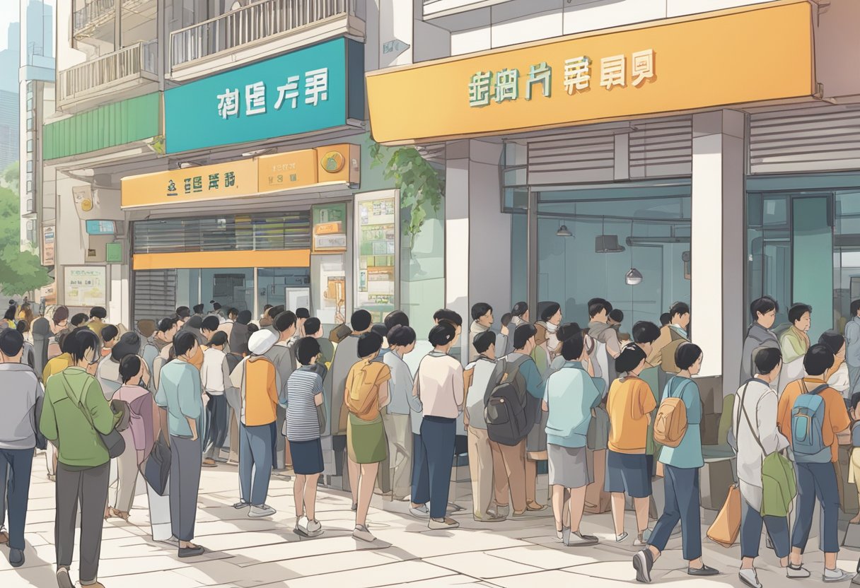 A bustling scene in Lucky Plaza with people lining up at a licensed money lender, with a prominent sign displaying "Frequently Asked Questions."