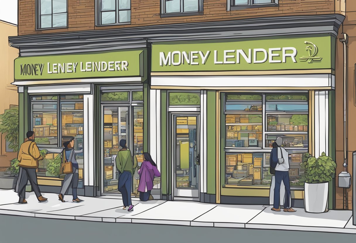 A licensed money lender's sign hangs outside a storefront in the bustling west district, with people entering and exiting the establishment