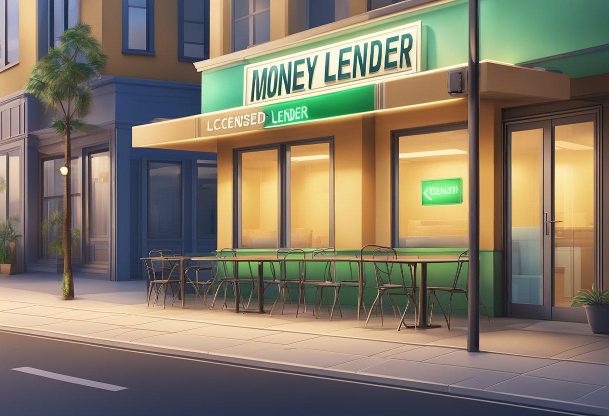 A licensed money lender's open sign glows on a deserted holiday street, with empty chairs and tables outside the office