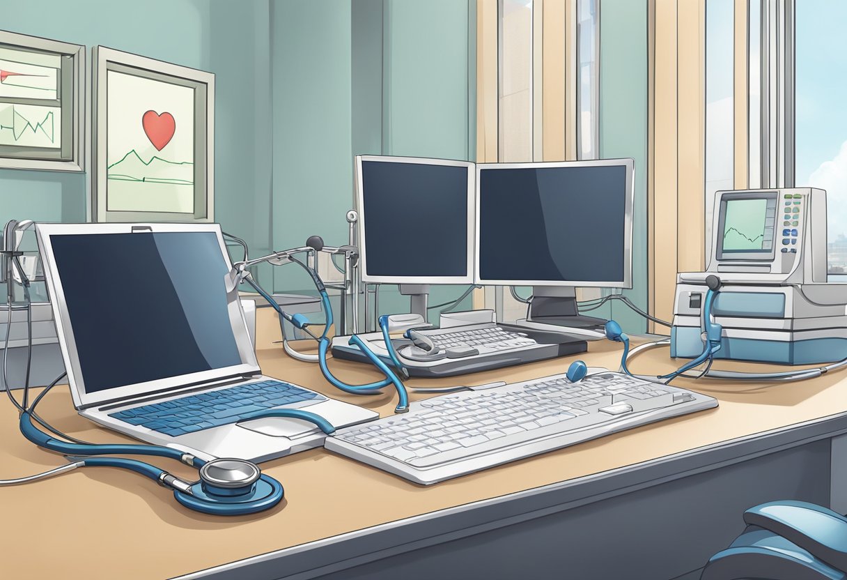 A stethoscope and an electrocardiogram machine sit on a desk in a cardiology office