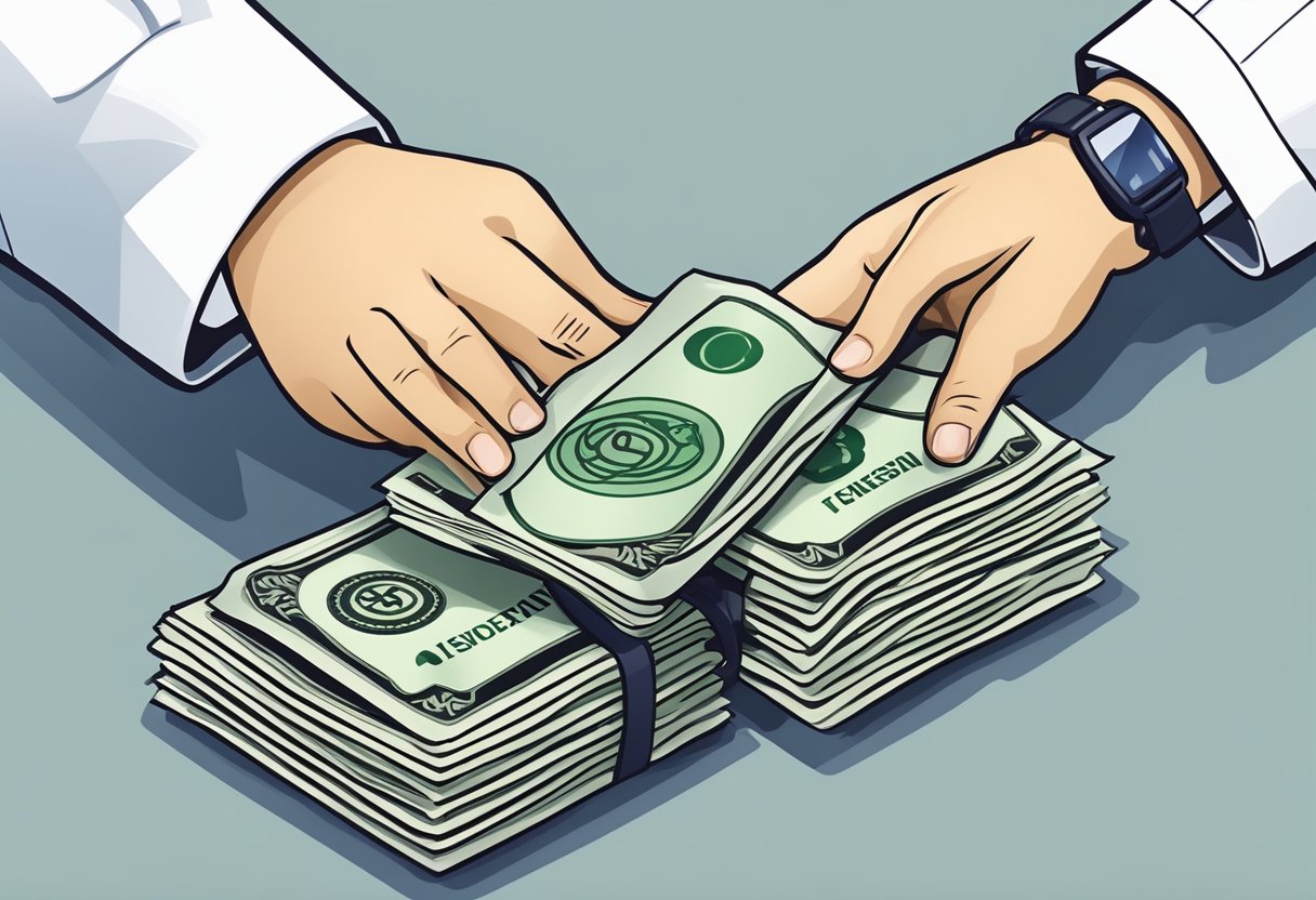 A money lender hands a work permit holder cash in Singapore