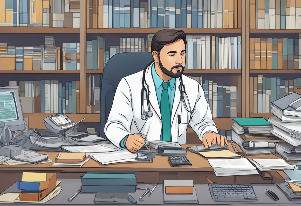 A cardiologist reviewing CTD case files at a cluttered desk