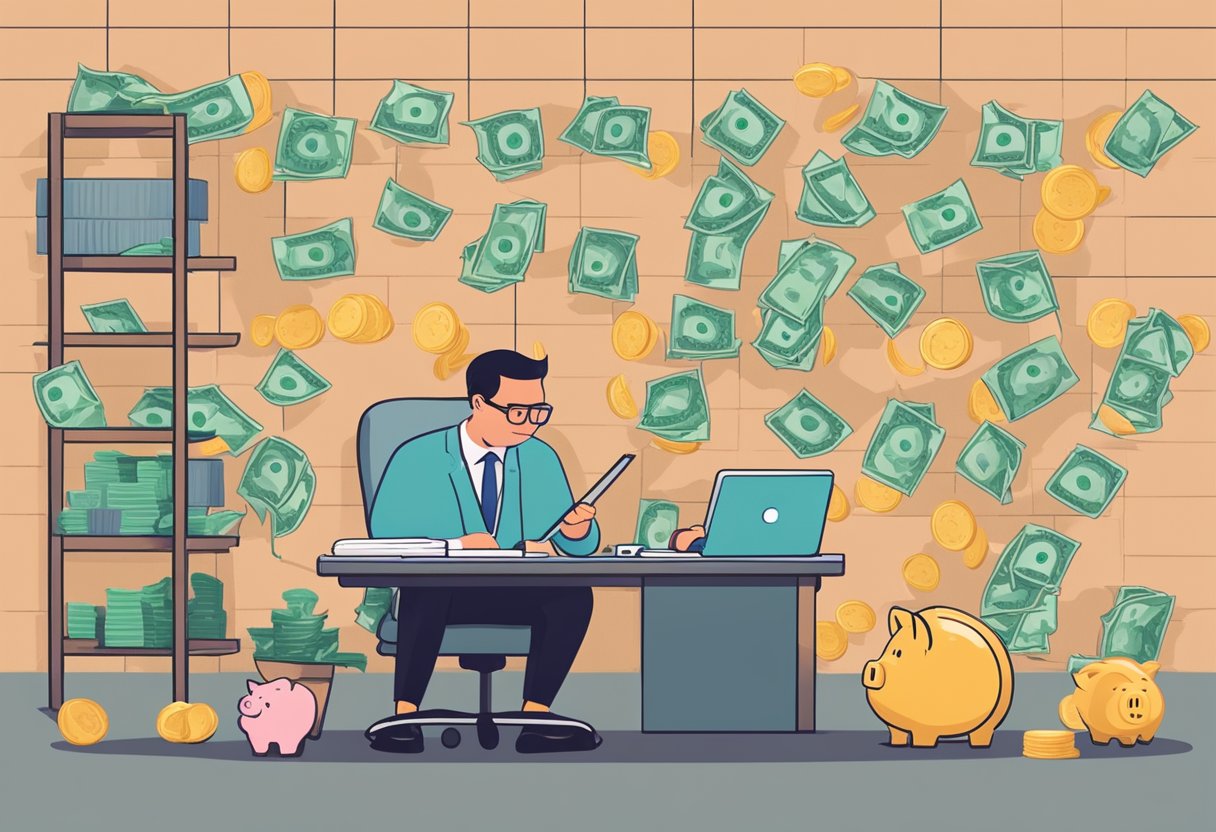 A person sits at a desk, weighing options on a scale between a stack of money and a piggy bank. A licensed money lender sign hangs on the wall