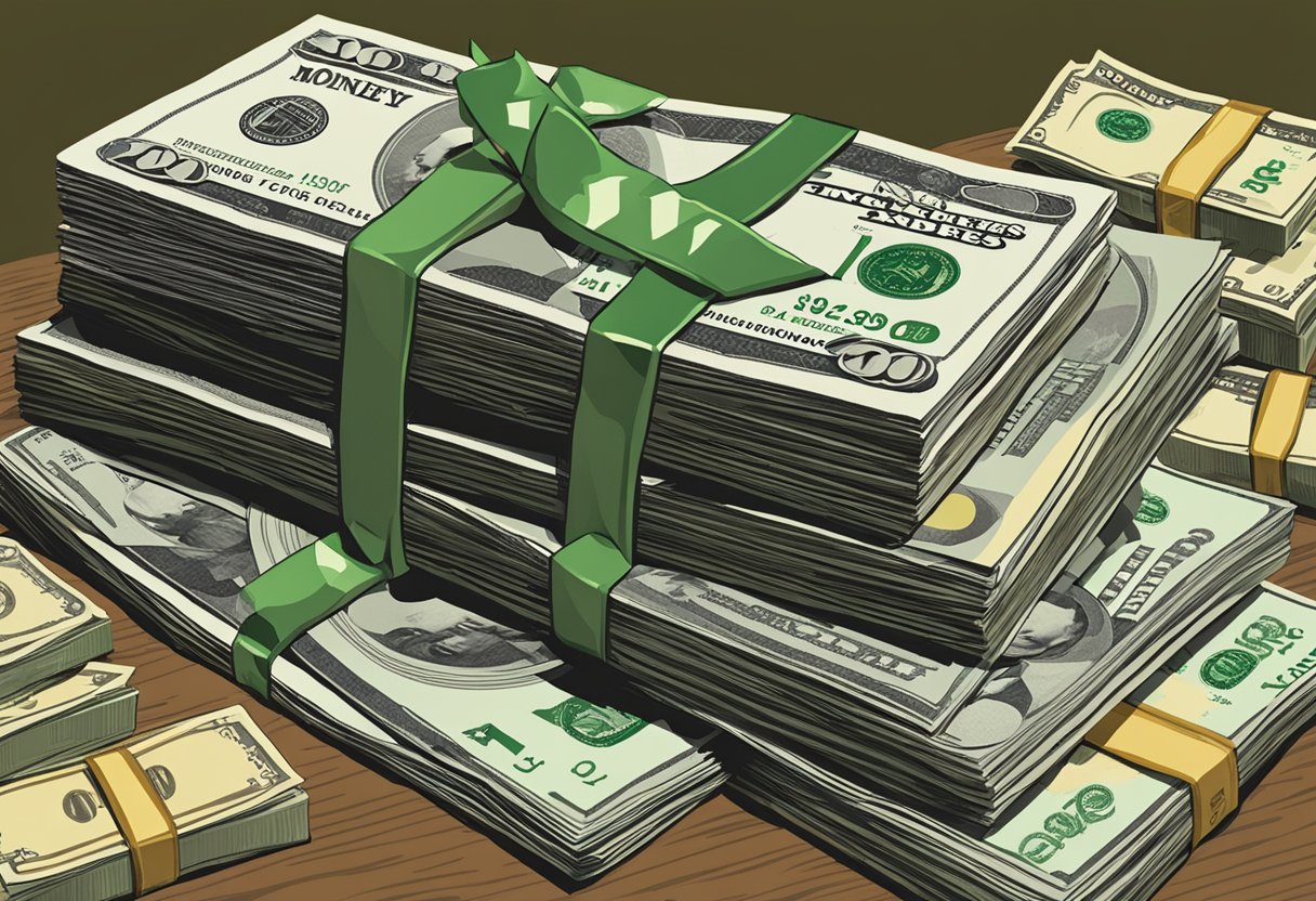 A stack of cash sits on a desk, with a sign reading "Money Express Money Lender" in bold letters