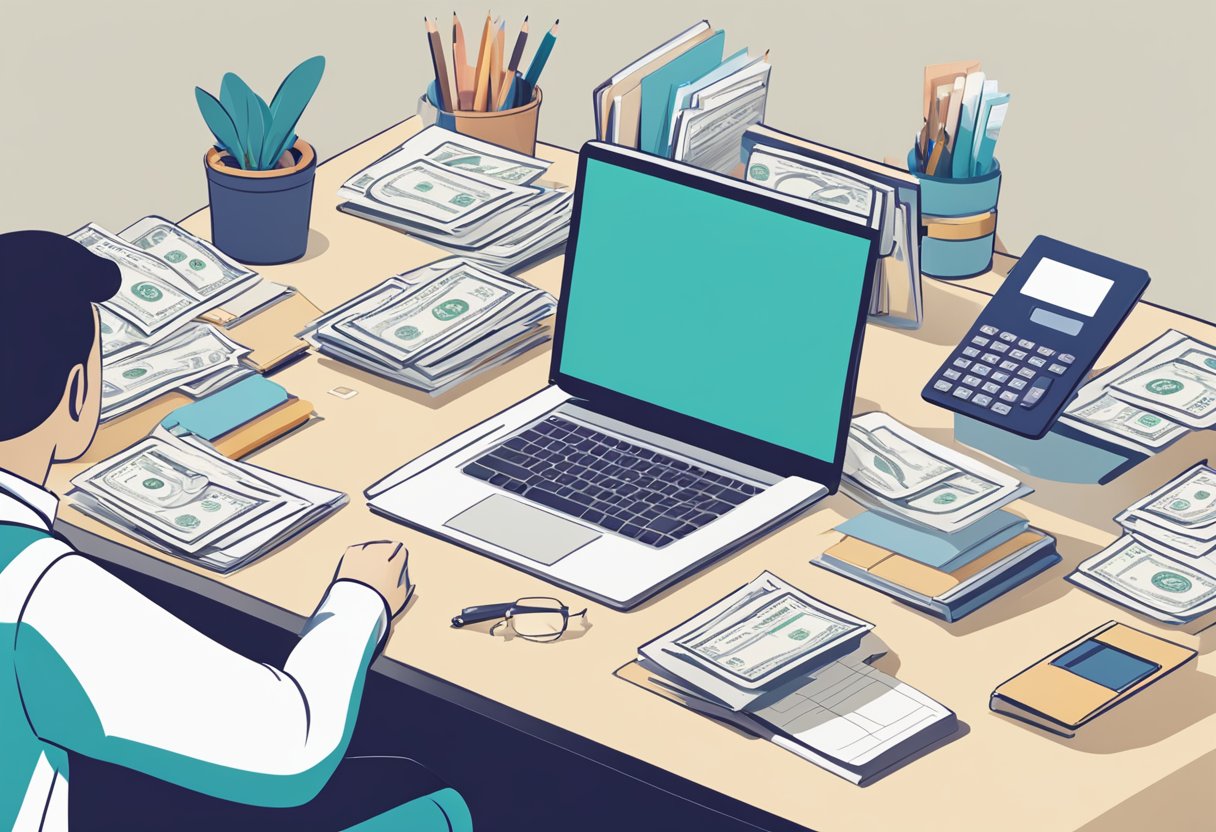 A person sits at a desk, comparing different loan consolidation offers from various money lenders in Singapore. Papers and a calculator are spread out in front of them, as they carefully consider their options