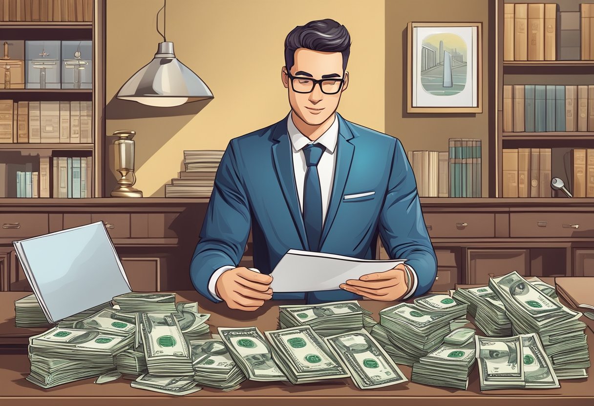 A licensed money lender counts cash, reviews documents, and approves a loan application