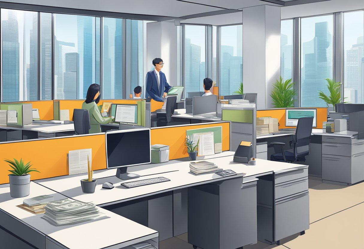A money lender in Singapore processing extra credit applications in a modern office setting