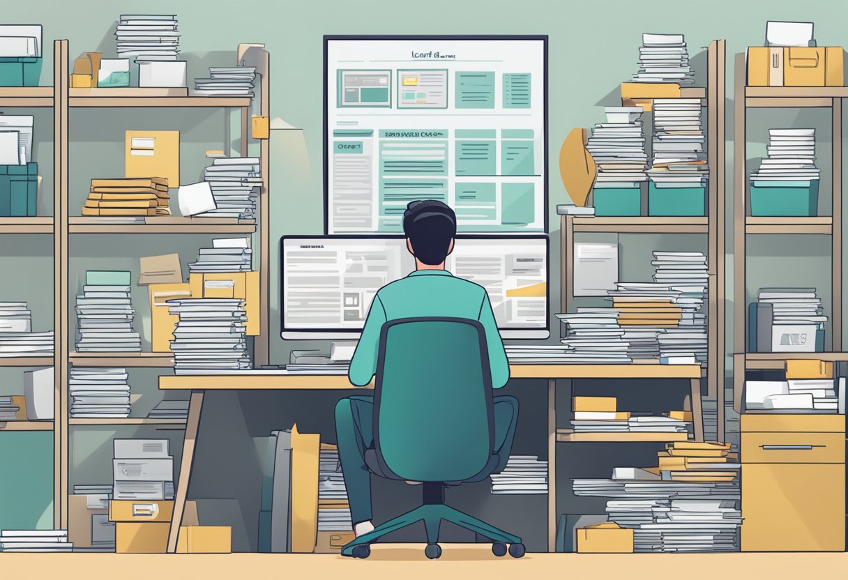 A person sitting at a desk, surrounded by stacks of paperwork and a computer, with a sign reading "Frequently Asked Questions loan consolidation money lender singapore" on the wall