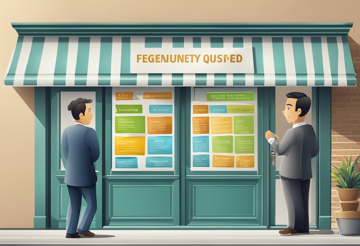 A signboard with "Frequently Asked Questions" outside a licensed money lender's office in the west