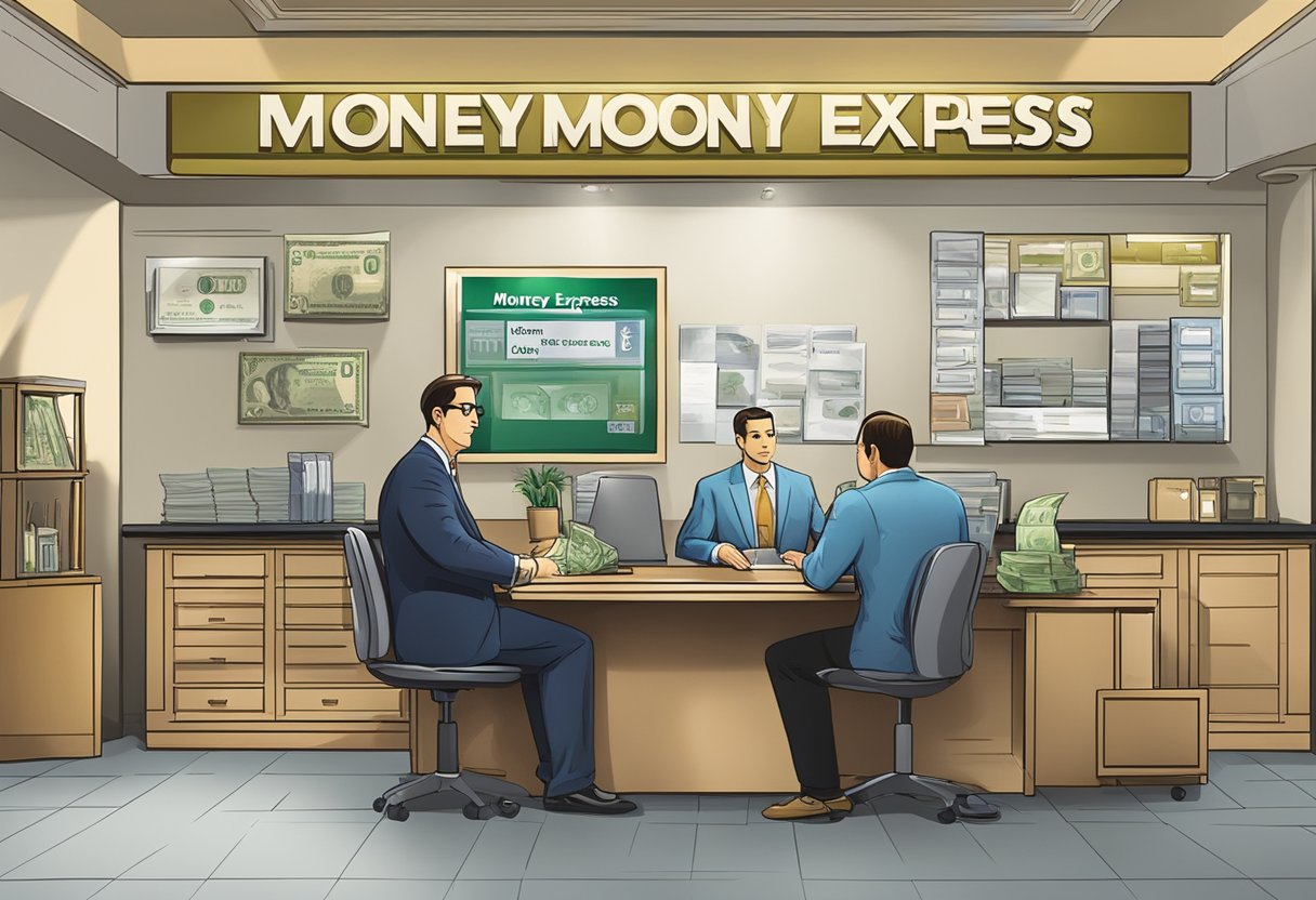 A figure sits behind a desk, handing over cash to a customer. The sign "Money Express Money Lender" hangs prominently on the wall
