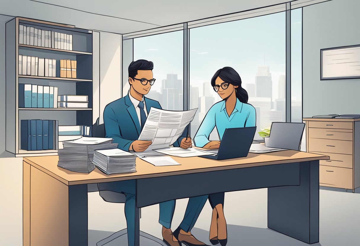 A licensed money lender sitting at a desk, reviewing documents with a customer. The lender has a professional demeanor and the office is clean and organized