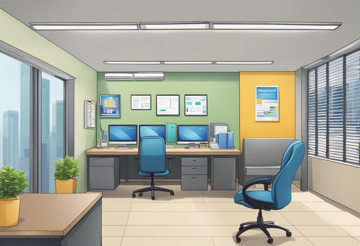 A moneylending office in Singapore, with a sign reading "xtra credit money lender singapore". A professional-looking desk with paperwork and a computer, and a waiting area with chairs and a water dispenser