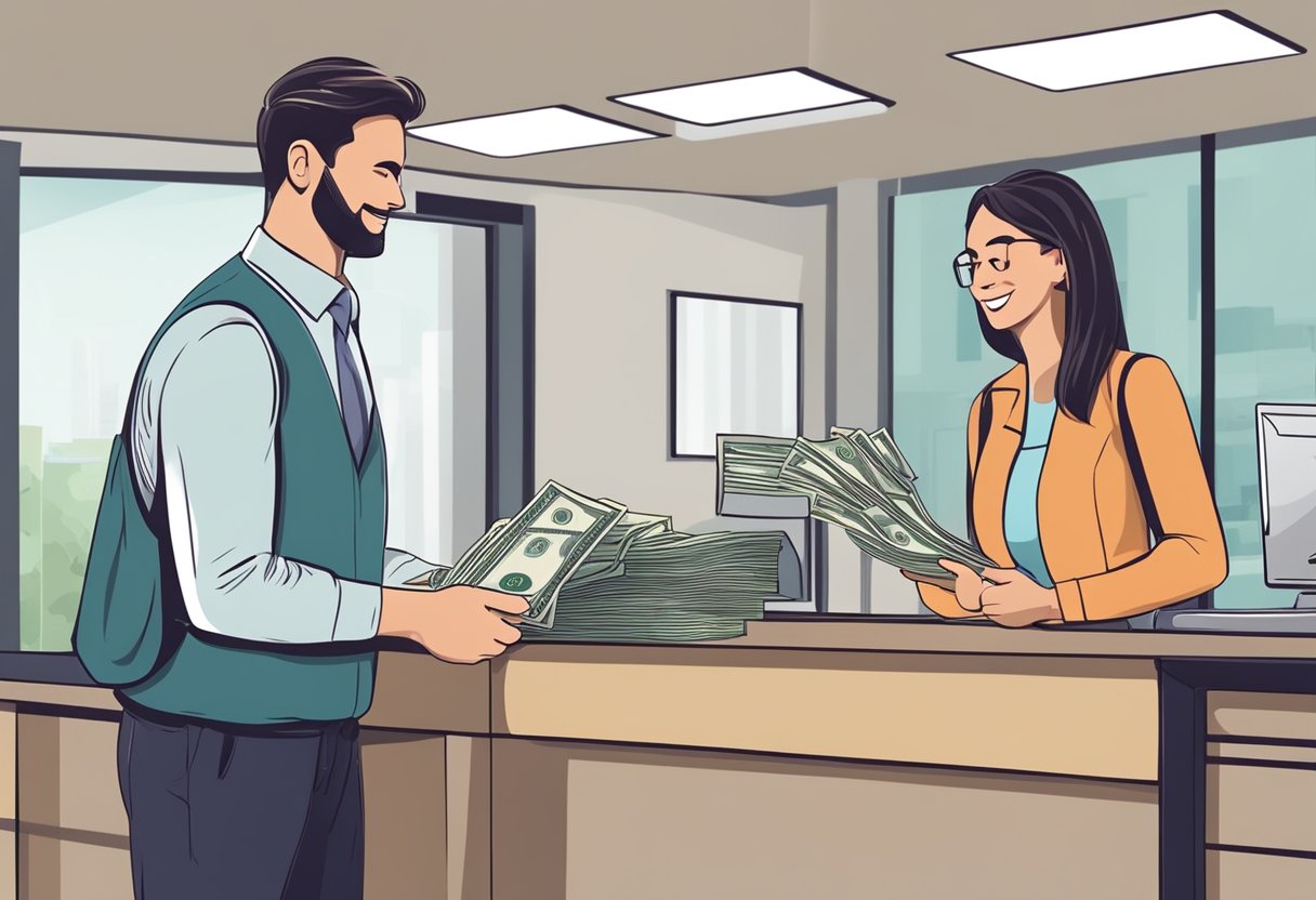 Customers receiving cash from a teller at a money lending office. The teller hands over bills while the customer counts the money