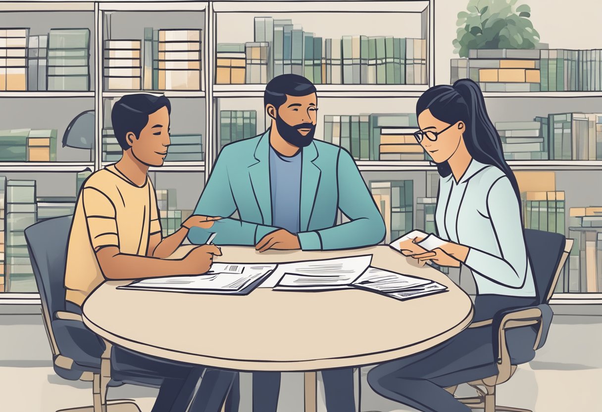 A licensed money lender explaining terms to a borrower, pointing to a document with clear rights and responsibilities outlined