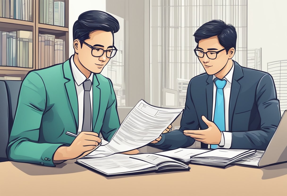 A money lender discussing loan terms with a work permit holder in Singapore, highlighting financial implications