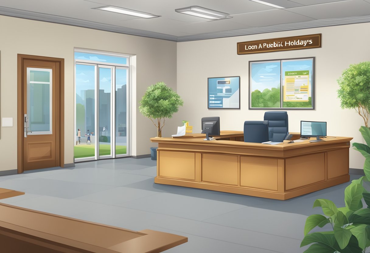 A licensed money lender's office open on a public holiday, with a sign indicating "Securing a Loan During Public Holidays."