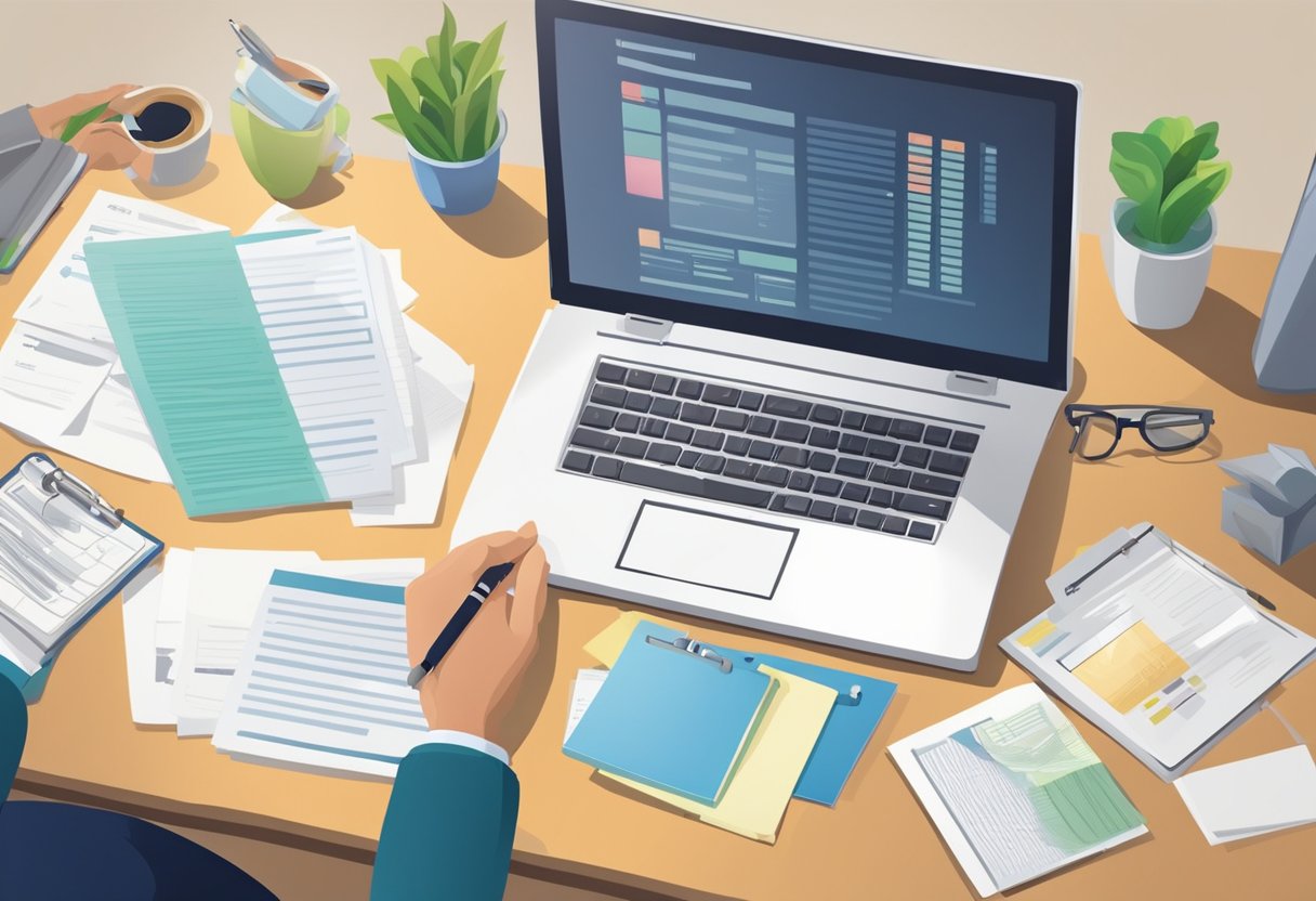 A person fills out a loan application at a desk with a computer and paperwork. A financial advisor reviews and approves the application
