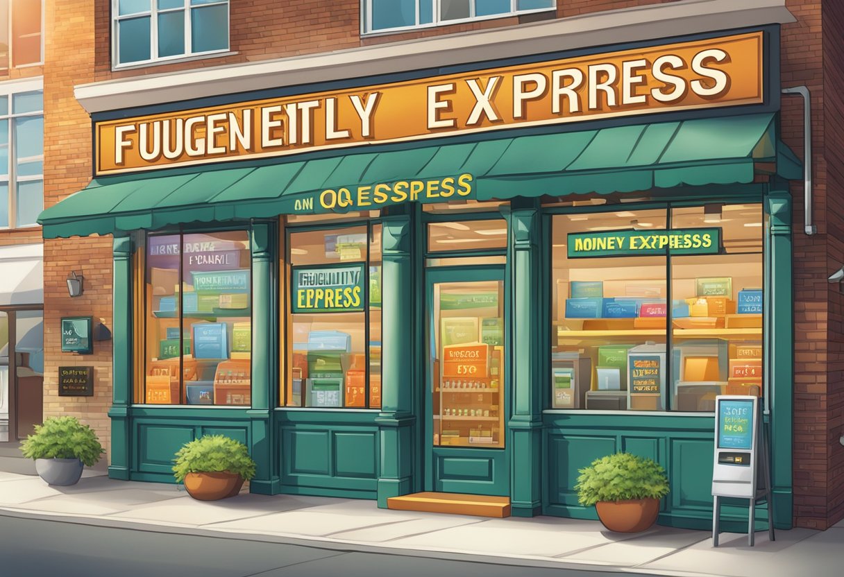 A brightly lit storefront with a large sign reading "Frequently Asked Questions" and "Money Express Money Lender" in bold lettering