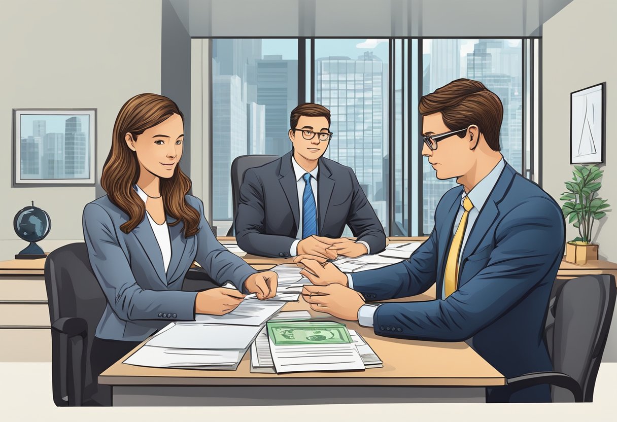 A licensed money lender answers questions in an office setting