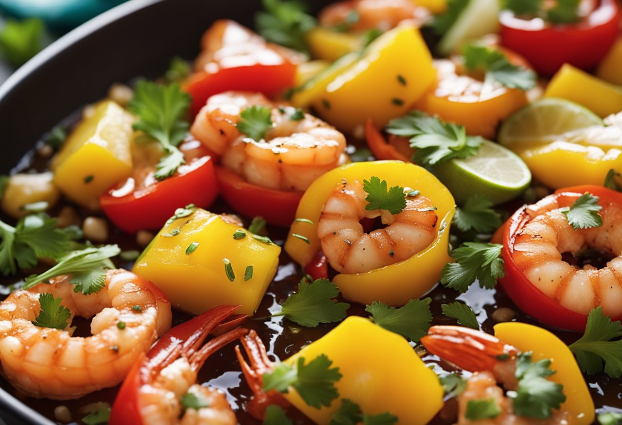 A sizzling pan of sweet and sour prawns with colorful bell peppers and pineapple chunks, garnished with fresh cilantro and sesame seeds