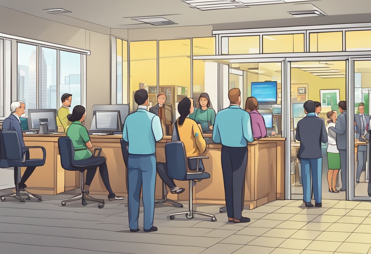 A busy licensed money lender office open on a holiday, with customers lining up and staff assisting
