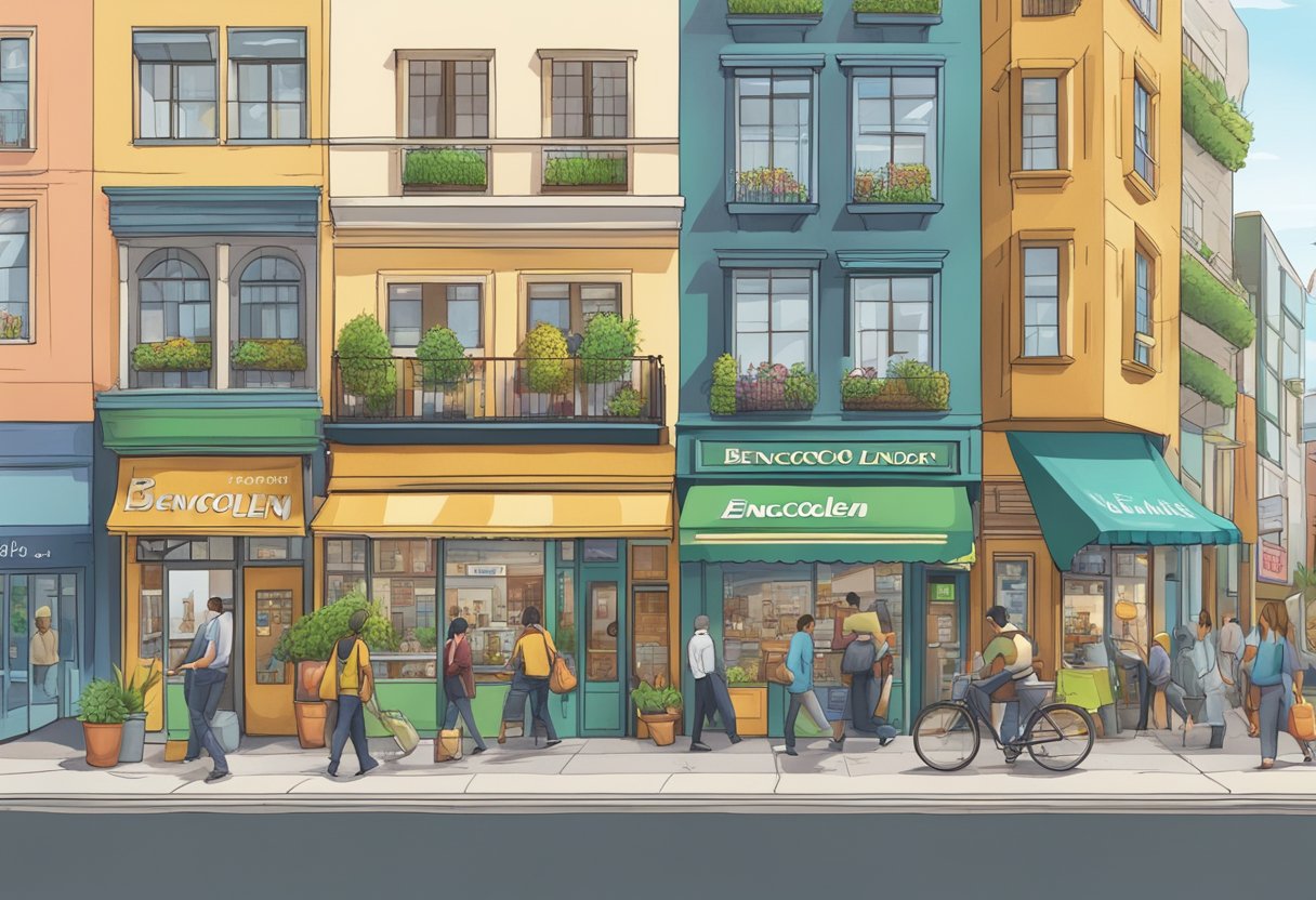 A bustling street corner with a sign reading "Bencoolen Money Lender" surrounded by diverse storefronts and people going about their day