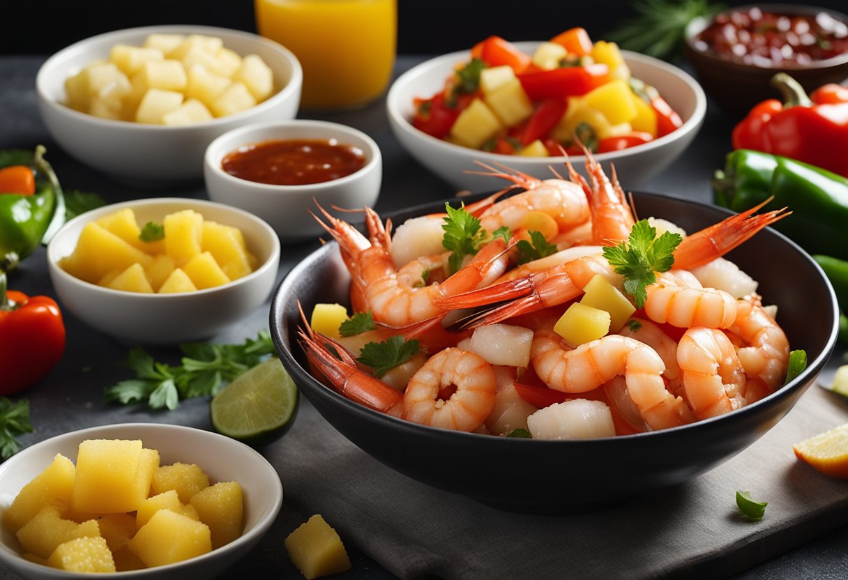 Fresh prawns being peeled and deveined, pineapple and bell peppers being diced, and a mixture of sweet and sour sauce being prepared in a bowl