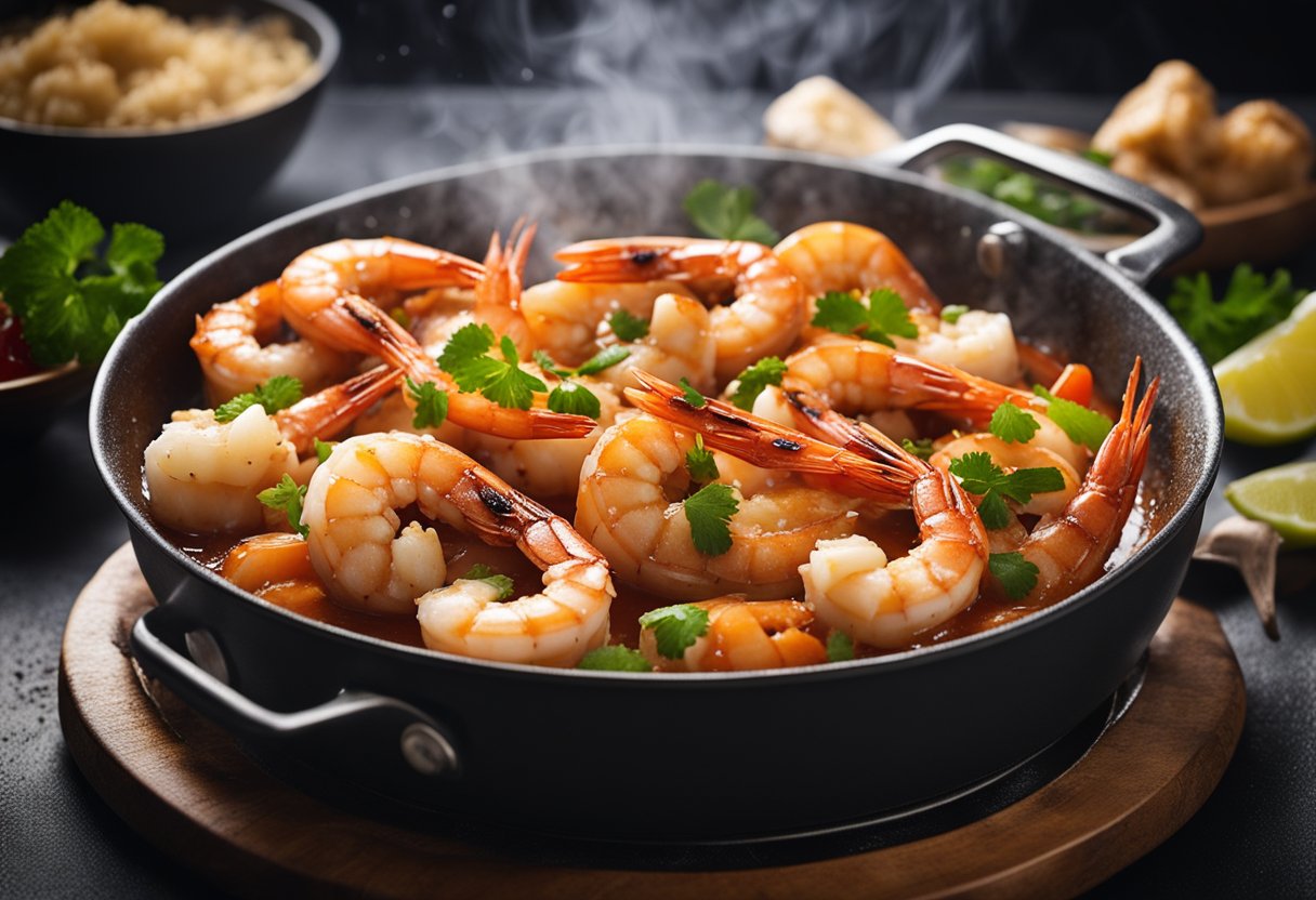 Prawns sizzling in a hot pan with a mixture of sweet and sour sauce, garlic, and ginger. Steam rising as the prawns cook to perfection
