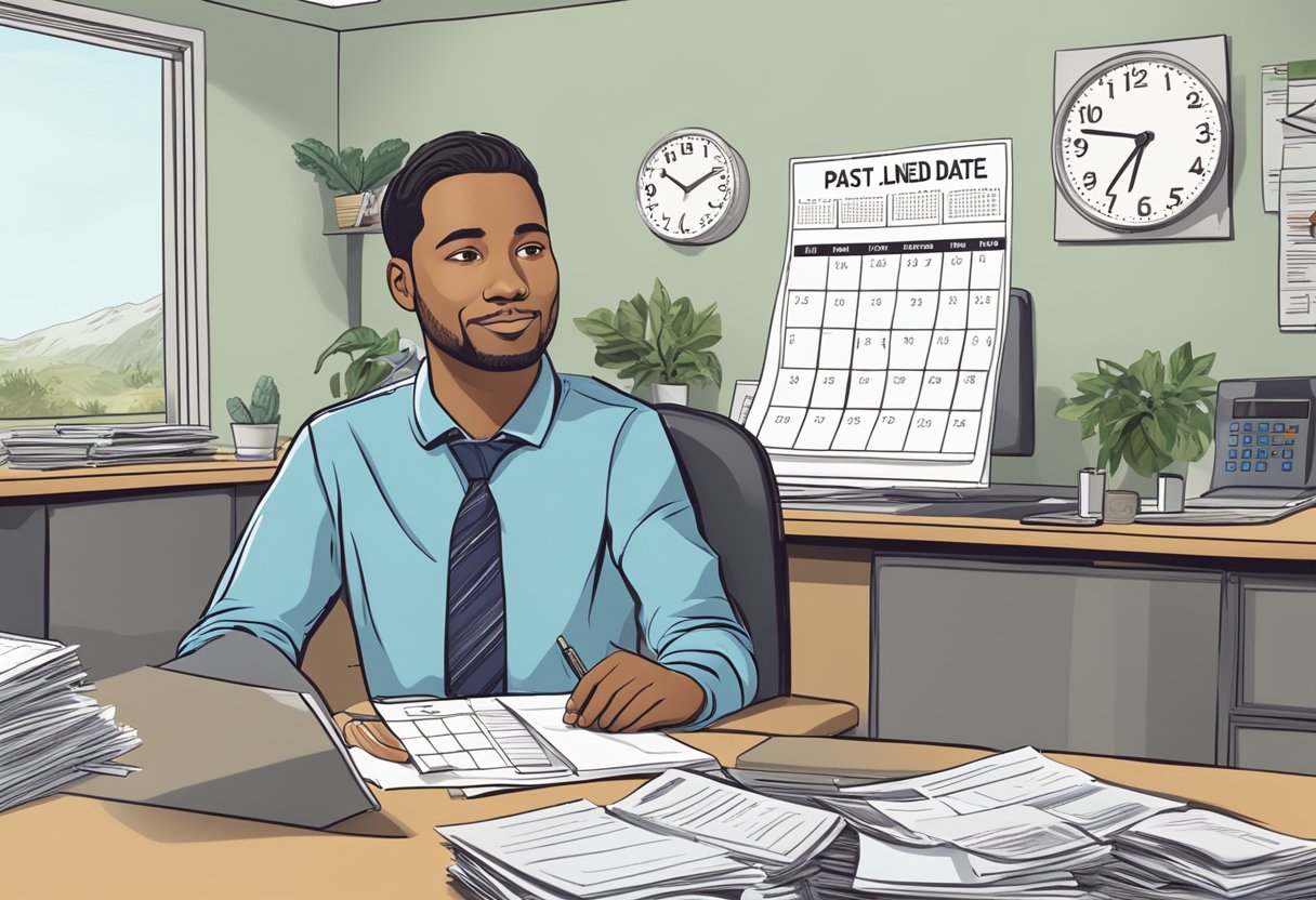 A person sitting at a desk, surrounded by paperwork and a calendar showing a past due date, with a licensed money lender sign in the background