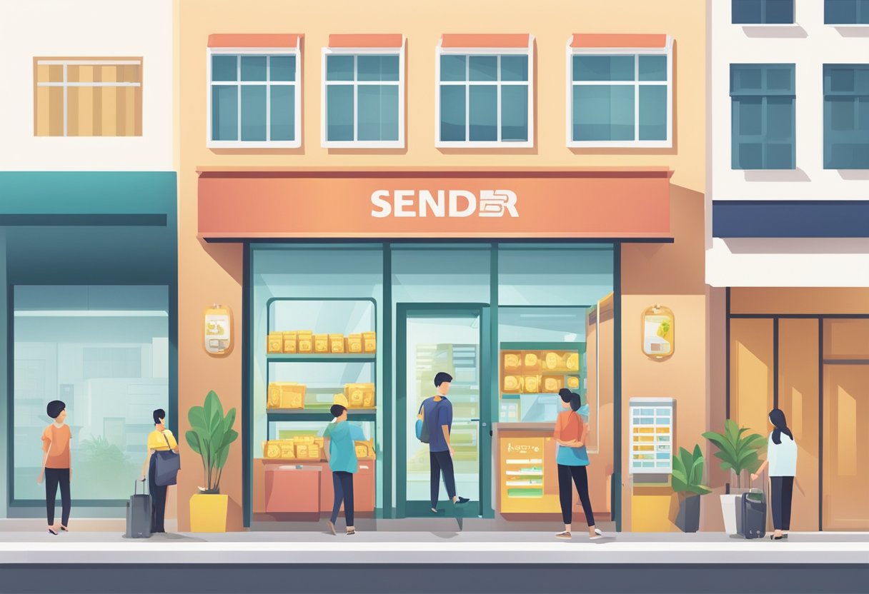 A licensed money lender's storefront in Sengkang, with a prominent sign and customers entering