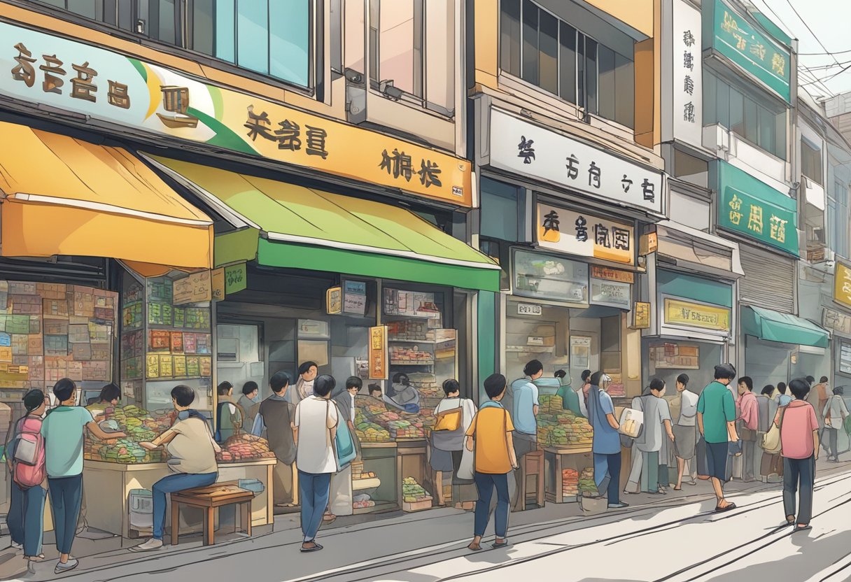 A bustling street in Bencoolen, with a moneylender's sign hanging above a small shop. People are seen entering and exiting, exchanging money for loans