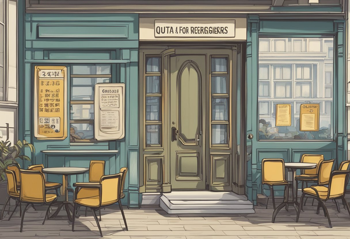 A sign on the door reads "Quota for Foreigners Exceeded." Empty chairs and a closed window indicate no more lending