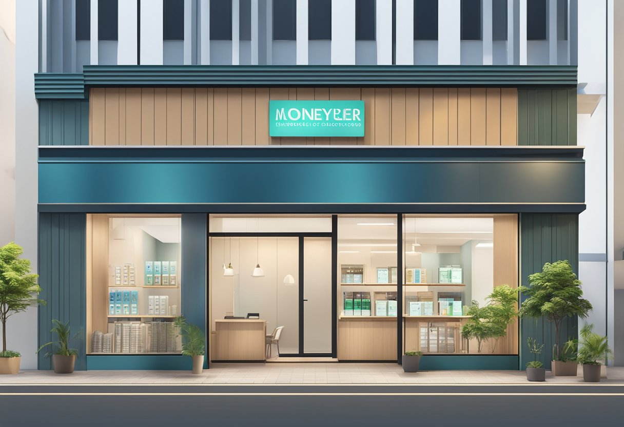 A licensed money lender's storefront in Sengkang, with clear signage and a professional-looking office space